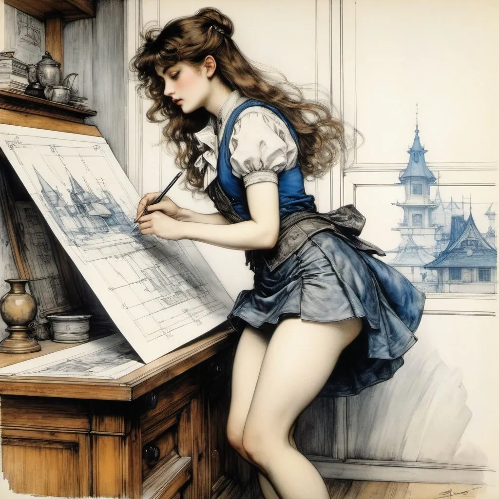 Prompt: Arthur Rackham, Henri-Jules Corneille de Groux, Surreal, mysterious, strange, fantastical, fantasy, Sci-fi, Japanese anime, architectural invention, miniskirt beautiful girl drawing blueprints, perfect voluminous body, detailed masterpiece 