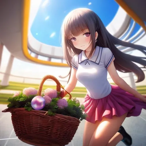 Prompt: Wenzel Jamnitzer, Jenna Kunnas, Surreal, mysterious, strange, fantastical, fantasy, Sci-fi, Japanese anime, classroom in a basket, departing ship, beautiful miniskirt girl, perfect voluminous body, detailed masterpiece 