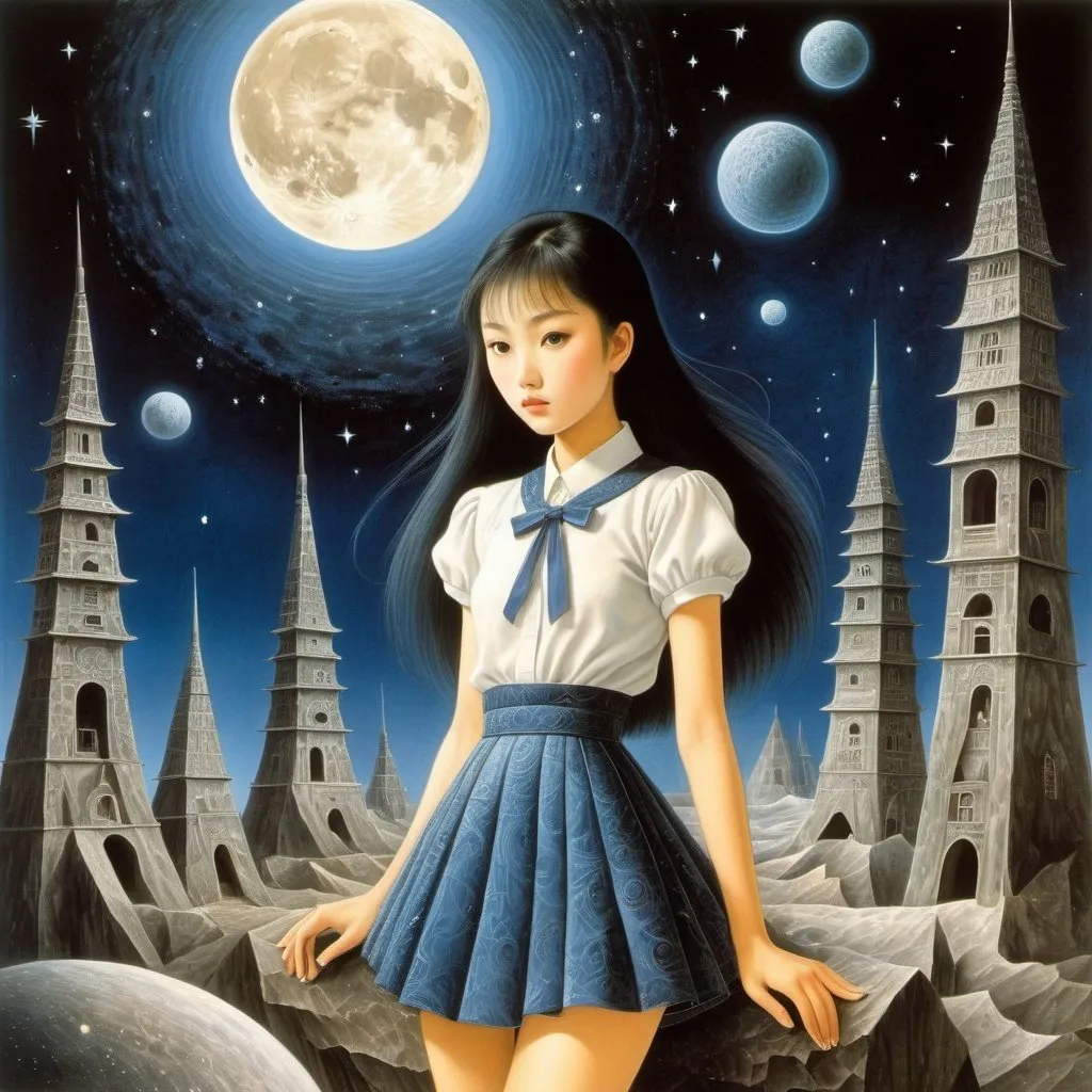 Prompt: Takeo Takei, Remedios Varo, Surreal, mysterious, strange, fantastical, fantasy, Sci-fi, Japanese anime, minerals, crystals, moon, stars, dreams, night, summer, boys and girls, world modification, books, poetry, miniskirt beautiful high school girl, perfect voluminous body, detailed masterpiece 