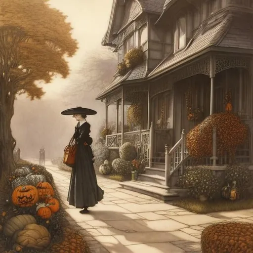 Prompt: Arthur Rackham, James Jean, Margaret Tarrant, Elsa Beskow, Surreal, mysterious, bizarre, fantastical, fantasy, Sci-fi, Japanese anime, Halloween night, trick or treat The front porch of a Victorian-style red brick house, Alice, a beautiful blonde miniskirt girl, perfect voluminous body, carrying a bag of candy, accompanied by cats, hyper detailed masterpiece 