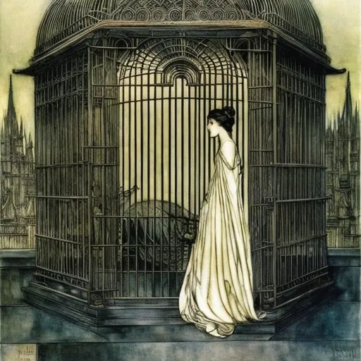 Prompt: Arthur Rackham, Giorgio de Chirico, Surreal, mysterious, strange, fantastical, fantasy, sci-fi, Japanese anime, the body is a cage of consciousness, the head is the key to the cage, a beautiful girl in a miniskirt, perfect voluminous body, detailed masterpiece 