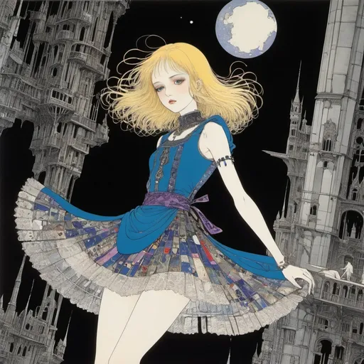 Prompt: Harry Clarke, Russell Drysdale, Surreal, mysterious, strange, fantastical, fantasy, Sci-fi, Japanese anime, picture book architectural space, falling fragments of darkness, blonde miniskirt beautiful girl Alice, perfect voluminous body, detailed masterpiece 