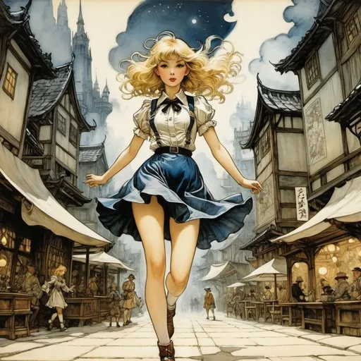 Prompt: Arthur Rackham, Wally Wood, Surreal, mysterious, strange, fantastical, fantasy, Sci-fi, Japanese anime, city model and paradise model, Alice, the beautiful blonde miniskirt girl who kicks away the North Star, perfect voluminous body, dynamic action poses detailed masterpiece 