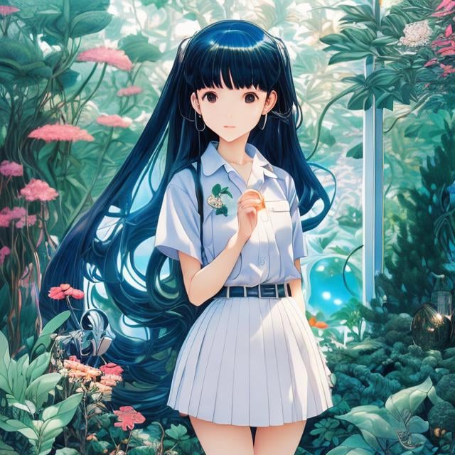 Prompt: Rumiko Takahashi, James Jean, Surreal, mysterious, strange, fantastical, fantasy, Sci-fi, Japanese anime, summer vacation country, night and concrete, transparent giant, miniature garden terrarium, miniskirt beautiful high school girl, perfect voluminous body, detailed masterpiece 