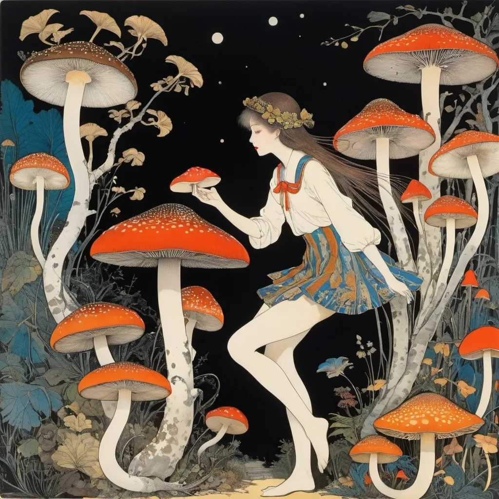 Prompt: Harry Clarke, Henri Privat-Livemont, Joseph Sattler, Maria Sibylla Merian, Shigeru Tamura, Surrealism, wonder, strange, bizarre, fantasy, Sci-fi, Japanese anime, picking mushrooms on bookshelves, exploring the kingdom of mushrooms and fungi, a night of falling spores, a beautiful high school girl in a miniskirt who loves mushroom pots, perfect voluminous body, detailed masterpiece 