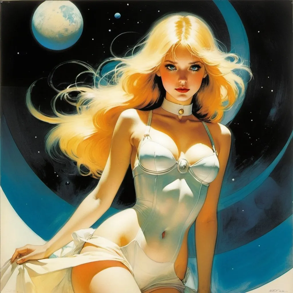 Prompt: Bill Sienkiewicz, John French Sloan, Surreal, mysterious, strange, fantastical, fantasy, Sci-fi, Japanese anime, distance of darkness, flying to Venus, beautiful blonde space girl Alice, perfect voluminous body, detailed masterpiece 