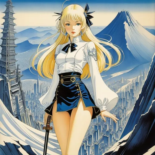 Prompt: Kay Nielsen, Ernst Kreidolf, Otto Eckmann, Masamune Shirow, Yuu Watase, Surrealism, mysterious, bizarre, fantastical, fantasy, Sci-fi, Japanese anime, music notation, trajectory, thread, surface, mountains and skyscrapers, blonde miniskirt beautiful girl Alice, perfect voluminous body, detailed masterpiece 