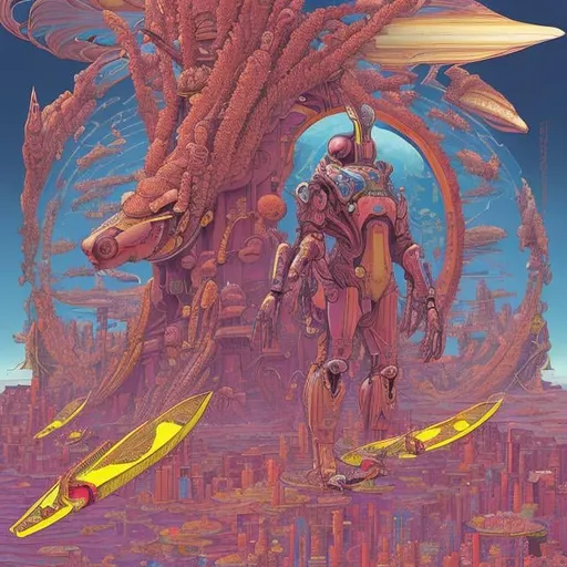 Prompt: Moebius, Jean Giraud, George Barbier, animesque　surreal　fanciful　wondrous　strange　Whimsical　Sci-Fi Fantasy　The best day for banana peeling々　「HAYABUSA」Flavored unmanned probe dreams of banana-shaped aliens　Travelers in search of apples travel through the city of endless clocks　Eden Retrograde, hyperdetailed high resolution high quality high quality masterpiece