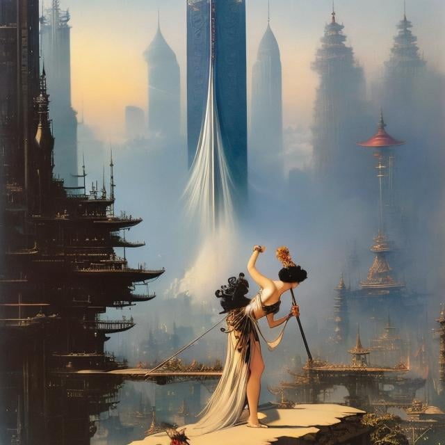 Prompt: Frank Frazetta, Margaret Tarrant, Heath Robinson, Japanese anime, Surreal, mysterious, strange, fantastical, fantasy, Sci-fi, mechanical girl swordsman, lawless city, Red Queen's Tower, slum, shadow of a giant planet, insect charmer, detailed masterpiece 