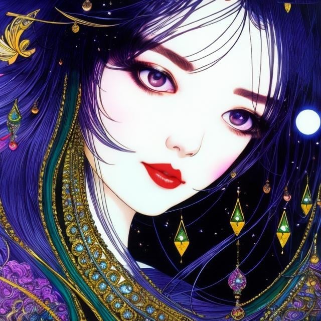 Prompt: Harry Clarke, Keiko Takemiya, Surreal, mysterious, strange, fantastical, fantasy, Sci-fi, Japanese anime, crescent moon in water drops, high tide, thinking miniskirt beautiful girl, perfect voluminous body, detailed masterpiece low angles 
