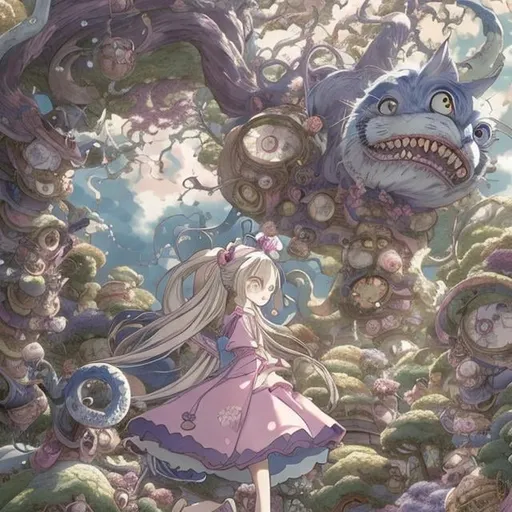 Prompt: Hayao Miyazaki Japanese Anime　Whimsical　fanciful　Girl Alice　Study room at home　Door opens and the Cheshire Cat peeks in Hyper detailed high resolution high quality high definition masterpiece