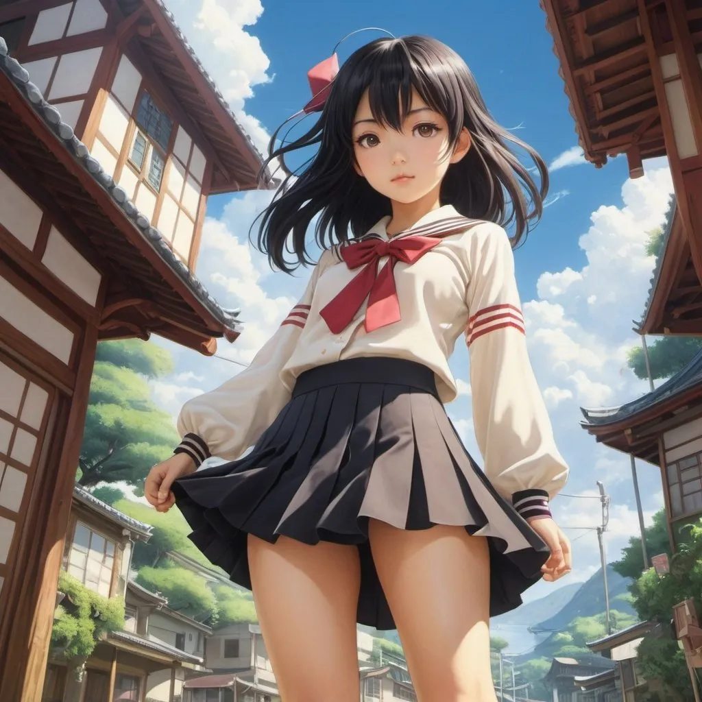 Prompt: Riyoko Ikeda, Chéri Hérouard, Surreal, mysterious, strange, fantastical, fantasy, Sci-fi, Japanese anime, fairy caravan, miniskirt beautiful high school girl, detailed masterpiece low high angles zoom in 