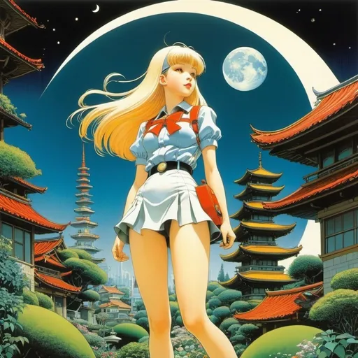 Prompt: Heath Robinson, Lorser Feitelson, Barbara C. Freeman, Yoshinori Kanada, katsuhiro Otomo, Surrealism Mysterious Weird Fantastic Fantasy Sci-Fi, Japanese Anime, Crescent Moon of Prismatics, Beautiful miniskirt high school girl who puts the world in a miniature garden, perfect voluminous body, detailed masterpiece 