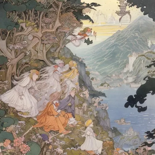 Prompt: Cicely Mary Barker, Margaret Tarrant, Virginia Frances Sterrett, great fall at the end of the world, ship sailing, floating islands, , hyper detailed, Japanese anime, manga lines, high quality high resolution high definition masterpiece , colour