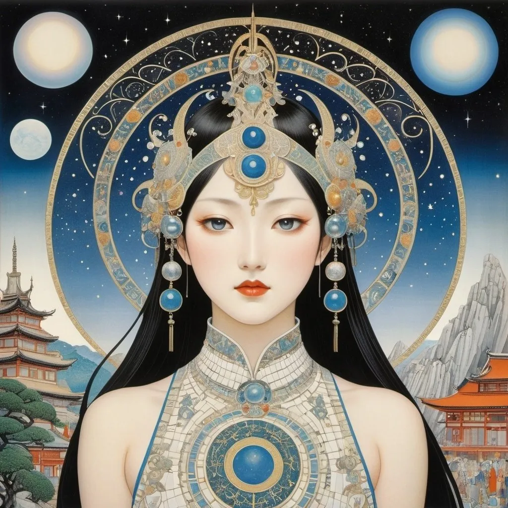 Prompt: Kay Nielsen, Clement Hurd, Katsura Hoshino, Rie Cramer, Camilla Mickwitz, Surrealism, wonder, strange, bizarre, fantasy, Sci-fi, Japanese anime, dream healer, mask designer, mosaic artist, miniskirt beautiful girl astrologer, perfect voluminous body, future of the ancient city, detailed masterpiece low high angles perspectives 