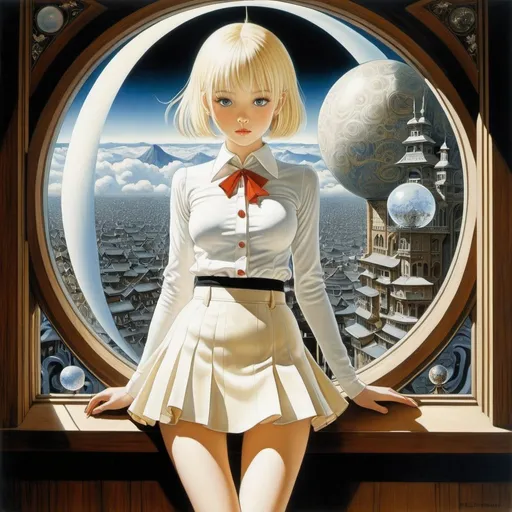 Prompt: Emmanuelle Houdart, Kay Nielsen, Katsuhiro Otomo, Surreal, mysterious, strange, fantastical, fantasy, Sci-fi, Japanese anime, attic gallery, legends of centuries, beautiful blonde miniskirt girl and sphere, perfect voluminous body, painting is a window to madness, detailed masterpiece 