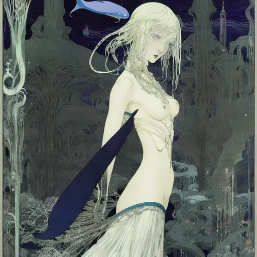 Prompt: Kay Nielsen, Harry Clarke, Heath Robinson, Mysterious Surreal Fantastic Fantasy Sci-Fi Fantasy Anime, Aerial Whale Walk, Miniskirt Beautiful Girl, perfect voluminous body, detailed masterpiece low angles high angles 