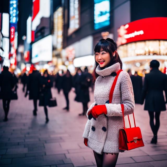 Prompt: Yoshiko Nishitani, Walter Crane, Surreal, mysterious, bizarre, fantastical, fantasy, Sci-fi, Japanese anime, beautiful blonde miniskirt girl Alice enjoying Christmas shopping, perfect body, many shopping bags in both hands, Tokyo Omotesando, walking in the crowd, scattered snow, Christmas tree and city illuminations in the background, smiling face, detailed masterpiece 