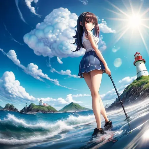 Prompt: Ken Akamatsu, Anton Pieck, Surreal, mysterious, bizarre, fantastical, fantasy, Sci-fi, Japanese anime, beautiful high school girl in a miniskirt, perfect voluminous body, wet wet wet, fishing on the breakwater, caught an octopus, surprised smile, dynamism, splashing water, blue sky, sheep clouds, lighthouse, angle looking up, hyper detailed masterpiece 