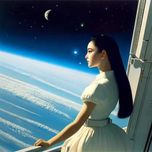 Prompt: Vincent Di Fate, Élisabeth Sonrel, Surreal mysterious strange fantasy SCI-FI, Japanese Anime,  miniskirt Beautiful Girl looking out from the Window of the Space Station, detailed masterpiece 