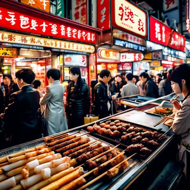 Prompt: Masamune Shirow, Anne Anderson, Surreal, mysterious, strange, fantastical, fantasy, Sci-fi, Japanese anime, Yakitori stall, beautiful girl in a mechanical suit eating Yakitori, perfect voluminous body, Shinjuku Kabukicho, crowd, detailed masterpiece 