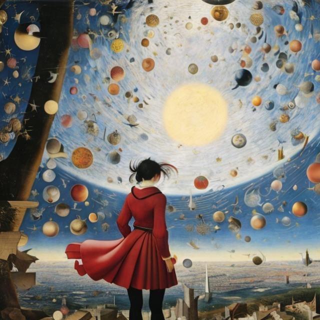 Prompt: Ayano Imai, Pieter Bruegel the Elder, Surreal, mysterious, bizarre, fantastical, fantasy, Sci-fi, Japanese anime, cosmological natural history, the glittering transparent celestial sphere of Aristotle, the imaginary time universe creation model, fragments of dreams are scattered, astronomy, physics, philosophy, religion, miniskirt beautiful girl looking at the stars, perfect voluminous body, detailed masterpiece 