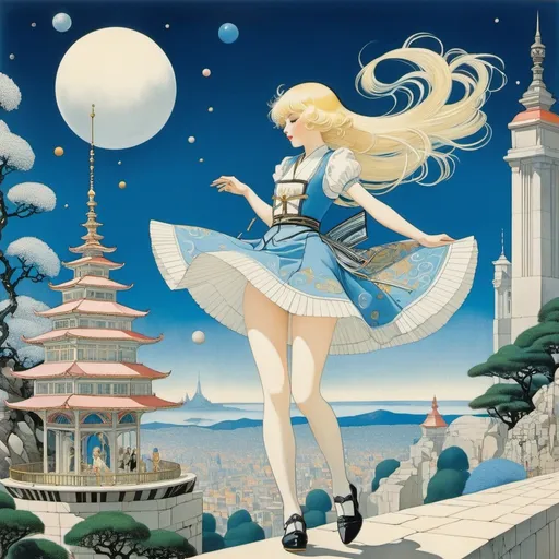 Prompt: Sydney Long, Harold Gaze, George Barbier, Kay Nielsen, Shigeru Tamura, Surrealism, wonder, strange, fantastical, fantasy, Sci-fi, Japanese anime, towering mathematical formulas, running blue spring blonde miniskirt beautiful girl Alice, perfect voluminous body, town inside a music box, detailed masterpiece 