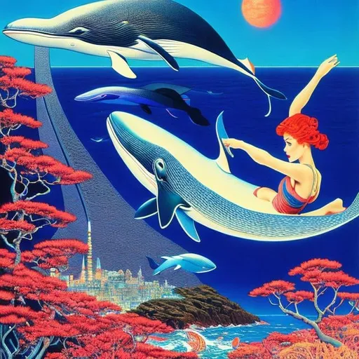 Prompt: Virgil Finlay Full colours, Eduardo Garcia Benito, Surreal, mysterious, strange, fantastical, Japanese anime, Tokyo Tower, diving blue whale, beautiful blonde miniskirt girl Alice is friends with a whale, perfect voluminous body, detailed masterpiece 