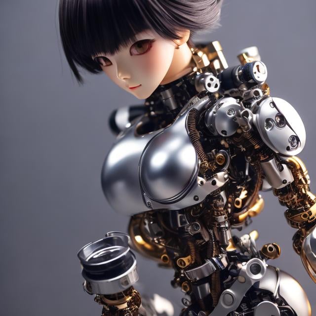 Prompt: Japanese Anime, Katsuhiro Otomo, A E Marty, Mechanical girl, sweet beautiful face, shirt haired, perfect body style, part mechanical skin, part human, mechanical joints. Tubes attached, thin skintight, voluminous body, poses emphasize curves and shapes of body, hyper detailed, fine lines, detailed face, detailed eyes, high resolution definition quality masterpiece, depth of field, focus. mechanics and machines background, close up, big chest cleavage, moon stars universes 