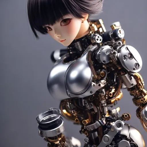 Prompt: Japanese Anime, Katsuhiro Otomo, A E Marty, Mechanical girl, sweet beautiful face, shirt haired, perfect body style, part mechanical skin, part human, mechanical joints. Tubes attached, thin skintight, voluminous body, poses emphasize curves and shapes of body, hyper detailed, fine lines, detailed face, detailed eyes, high resolution definition quality masterpiece, depth of field, focus. mechanics and machines background, close up, big chest cleavage, moon stars universes 