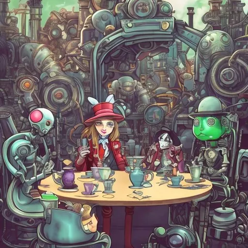 Prompt: Alice in wonderland, Alice in the world of future mechanics, robots, spaceships, having tea with cyborgs hatter