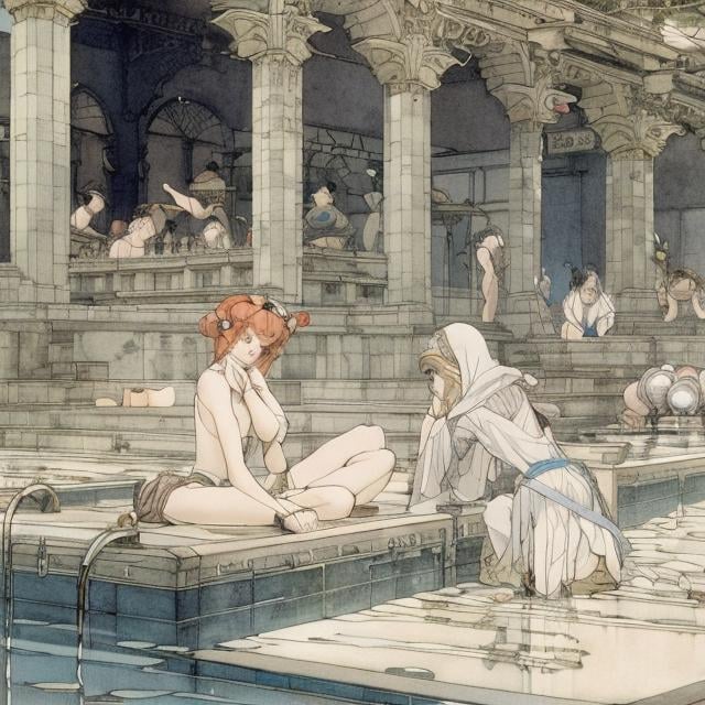 Prompt: Kate Greenaway, Margaret Tarrant, Sulamith Wulfing, Charles Robinson,  Japanese anime Sci-Fi Fantasy beautiful girl Mars sinking into the bathtub of a public bath　bathhouse hyperdetailed high resolution high definition high quality masterpiece