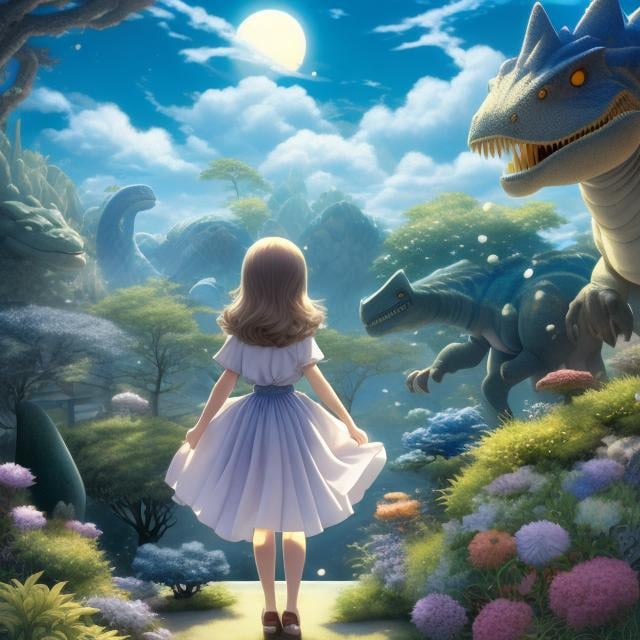 Prompt: Maurice Sendak, Margaret Tarrant, JONATHAN OUISSE, Surreal, mysterious, strange, fantastical, fantasy, Sci-fi, Japanese anime, folding Tokyo, beautiful blonde miniskirt girl Alice who makes friends with the dinosaur in the backyard, perfect body, blue sky, biplane, detailed masterpiece cinematic lighting perspectives angles