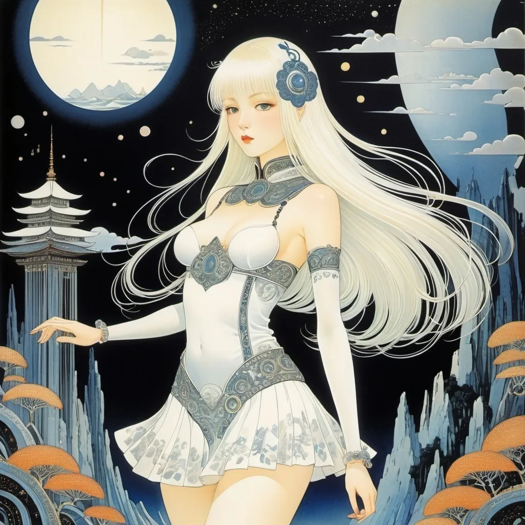 Prompt: Kay Nielsen, Olga Siemaszko, Kiichi Okamoto, Yuu Watase, Tatjana Mawrina, Surrealism Mysterious Weird Fantastic Fantasy Sci-Fi, Japanese Anime, Empire of Tea Miniskirt Beautiful Lady, perfect voluminous body, Adventure Travel in books, detailed masterpiece 