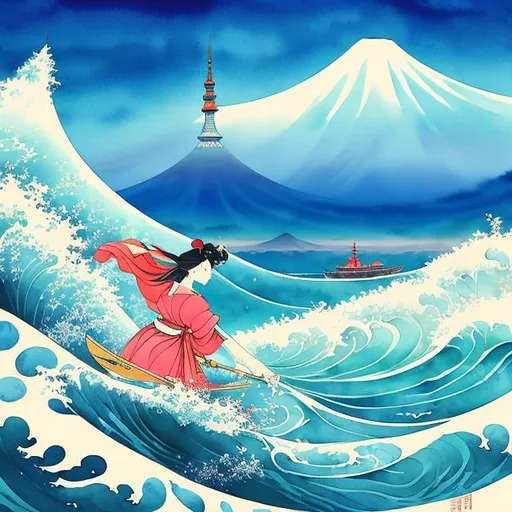 Prompt: Margaret Tarrant, Ukiyo-e style Watercolor Japanese style Anime Surreal Mysterious Weird Fantastic Fantasy Sci-fi Fantasy Big Wave Tokyo Tower Alice the girl riding the waves Whale