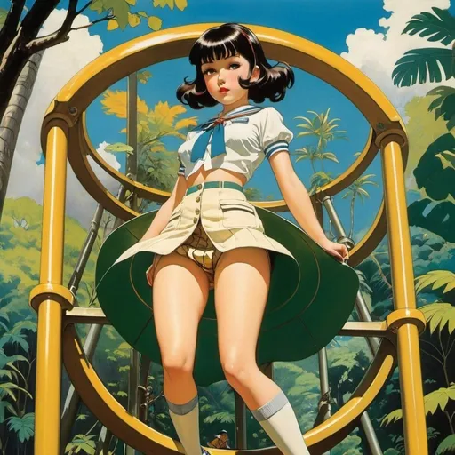 Prompt: Mabel Attwell, John Berkey, Richard M. Powers, George Barbier, Kore Yamazaki, Surrealism, wonder, strange, bizarre, fantasy, Sci-fi, Japanese anime, miniskirt beautiful high school girl on the rotating jungle gym, perfect voluminous body, adventure trip in the park and sandbox, detailed masterpiece 