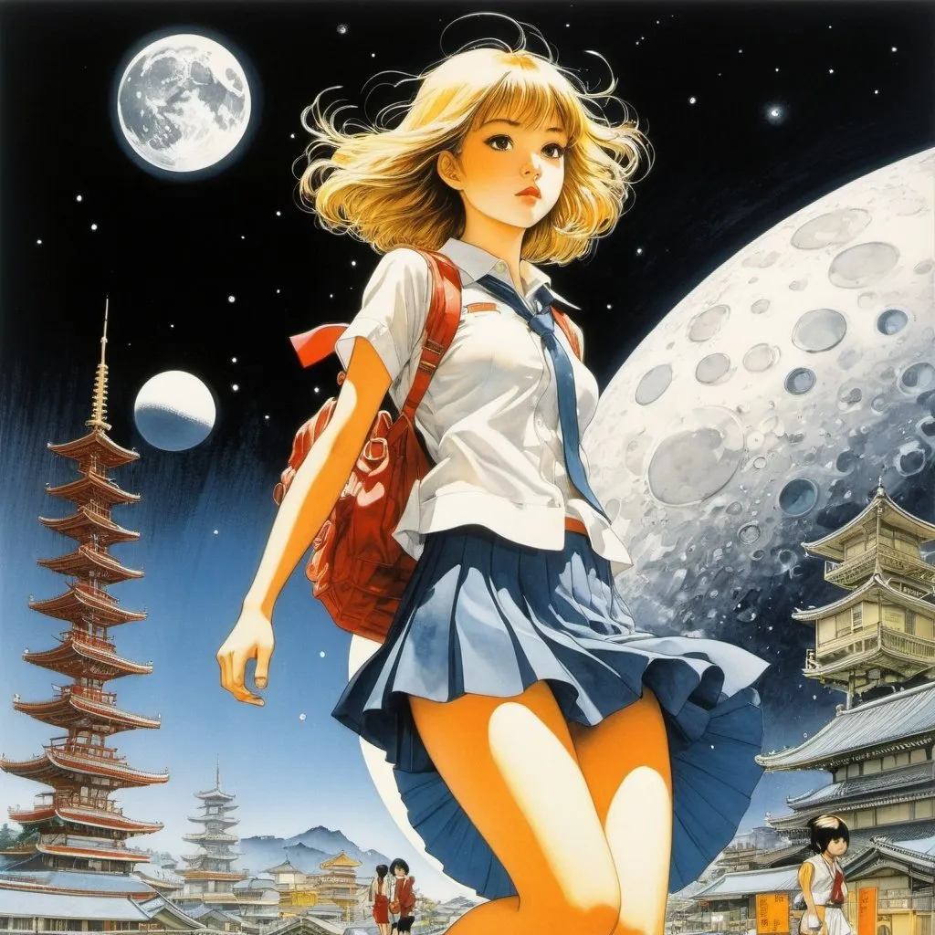 Prompt: George Joseph Herriman, Katsuhiro Otomo, Surreal, mysterious, strange, fantastical, fantasy, Sci-fi, Japanese anime, great voyage on paper, chasing the moon and sun, beautiful high school girl in a miniskirt, perfect voluminous body, detailed masterpiece 