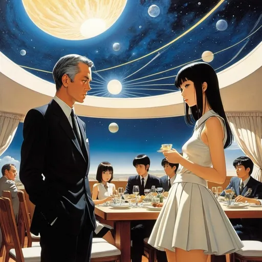 Prompt: Keith Henderson, Paul Nash, Chiho Saito, Jean Giraud, Joseph Urban, Surrealism, wonder, strange, bizarre, fantasy, Sci-fi, Japanese anime, day and night banquet, hemisphere magazine, algebra at the end of the world, miniskirt beautiful high school girl, perfect voluminous body, detailed masterpiece 