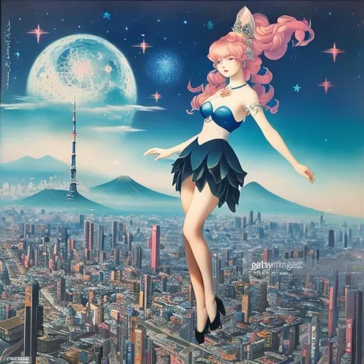 Prompt: Leonor Fini, Margaret Tarrant Japanese Anime wondrous strange Whimsical surreal Sci-fi Fantasy Girl Standing At The Top Of Tokyo Tower teens girl birdseye view Overlooking the night view of Tokyo Stars in the sky, hyperdetailed high resolution definition high quality masterpiece