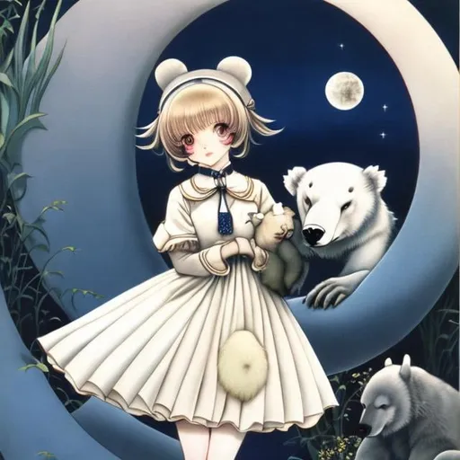 Prompt: Maurice Sendak, Junaida, Mysterious, strange, surreal, bizarre, fantasy, Sci-fi, Japanese anime, beautiful high school girl in a miniskirt who is good friends with Polar Bear, perfect body, on the crescent moon, detailed masterpiece 