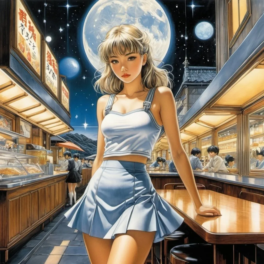 Prompt: David S. Goodsell, Arthur Rackham, Hajime Sorayama, Greer Stothers, cristian eres, Surrealism, wonder, strange, bizarre, fantasy, Sci-fi, Japanese anime, restaurant at the end of the world, a place where stars, moon, and rainbows play, beautiful high school girl in a miniskirt, perfect voluminous body, detailed masterpiece 