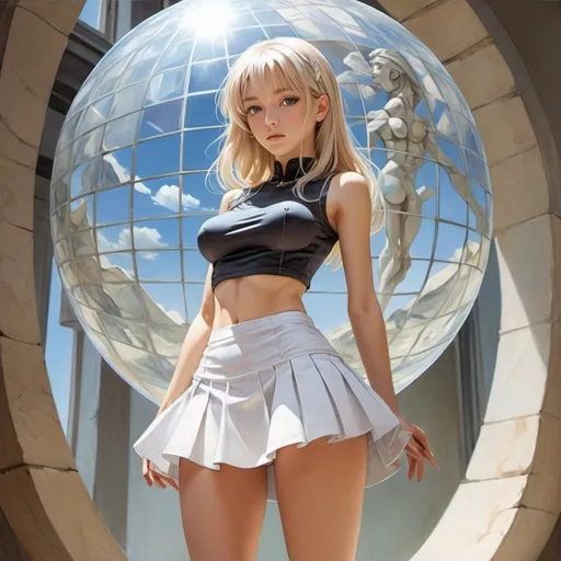 Prompt: Anne Anderson, Picasso, Surrealism Mysterious Bizarre Fantastic Fantasy Sci-Fi, Japanese Anime, Crystal World Transmission, Reflection, Refraction Miniskirt Beautiful High School Girl, perfect voluminous body, detailed masterpiece 