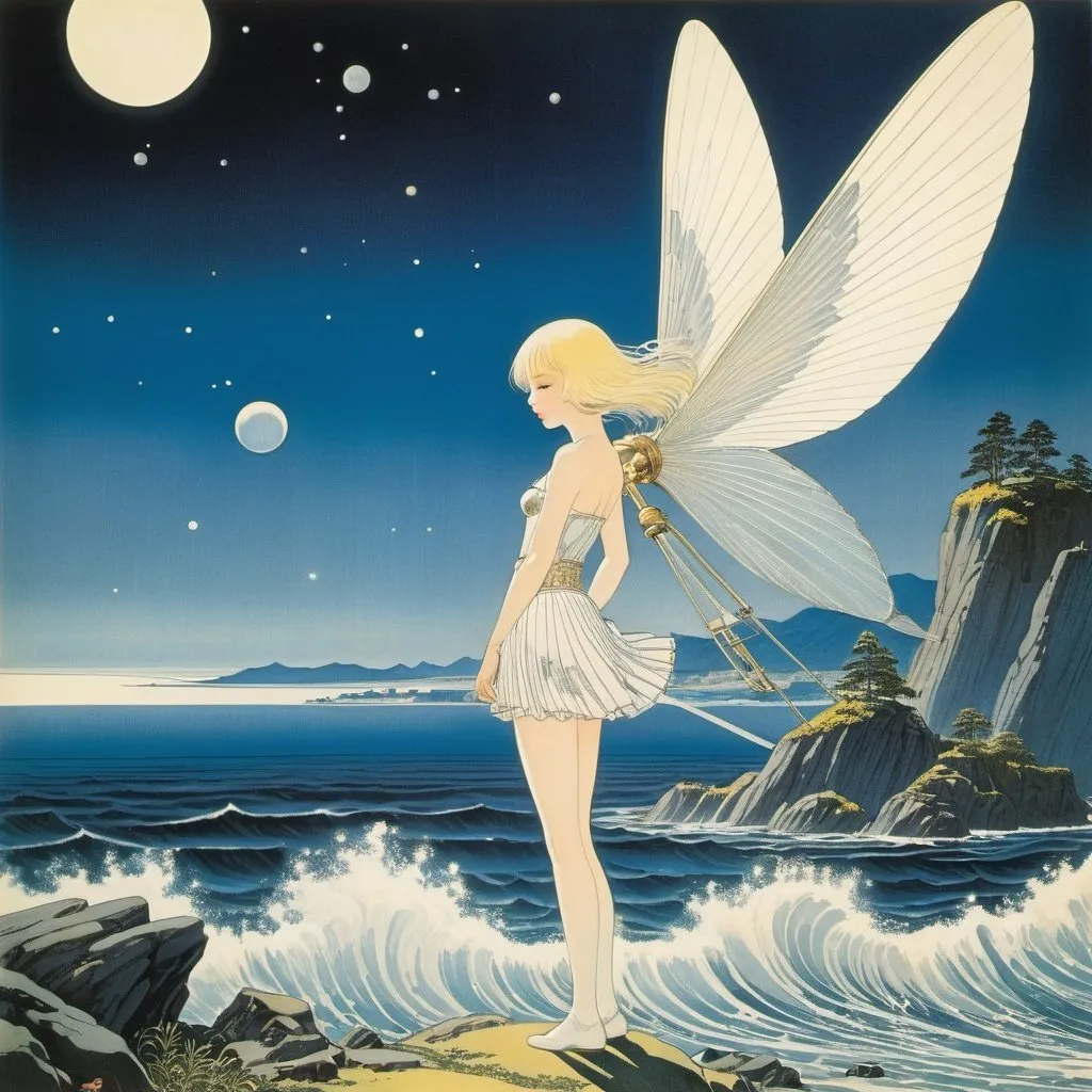 Prompt: Adolf Born, Renáta Fučíková, Kay Nielsen, Štěpán Zavřel, Shigeru Tamura, Surrealism Mysterious Weird Fantastic Fantasy Sci-fi, Japanese Anime, Miniskirt Flying Beautiful Girl, perfect voluminous body, Giant Washed Up on the Shore Telescope, detailed masterpiece 