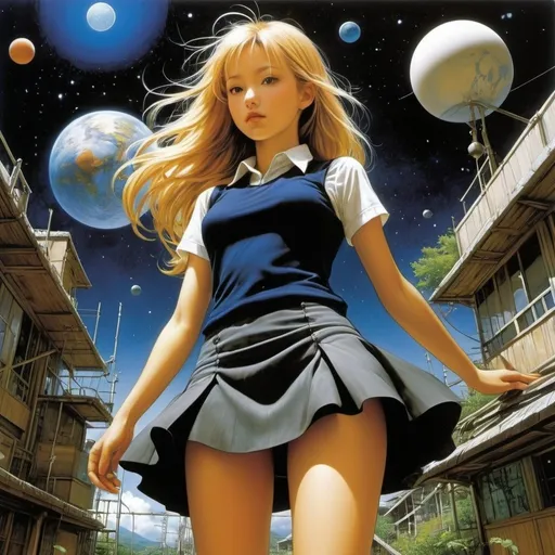 Prompt: Willy Schermelé, Dave McKean, Istvan Banyai, Wayne Anderson, Anton Otto Fischer, Surrealism, strange, bizarre, fantastical, fantasy, Sci-fi, Japanese anime, Genesis, astrophotography, ecological psychology, interaction, Go, hybrid space, digital craft, information universe diagram, miniskirt beautiful high school girl, perfect voluminous body, detailed masterpiece 