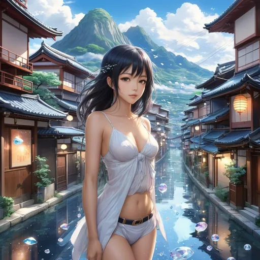 Prompt: Tsubaki Nekoi, René Vincent, Surreal, mysterious, strange, fantastic, fantasy, Sci-fi, Japanese anime, moving city map, world of water drops, collecting crystals on the street, beautiful girl on a journey, perfect voluminous body, detailed masterpiece 
