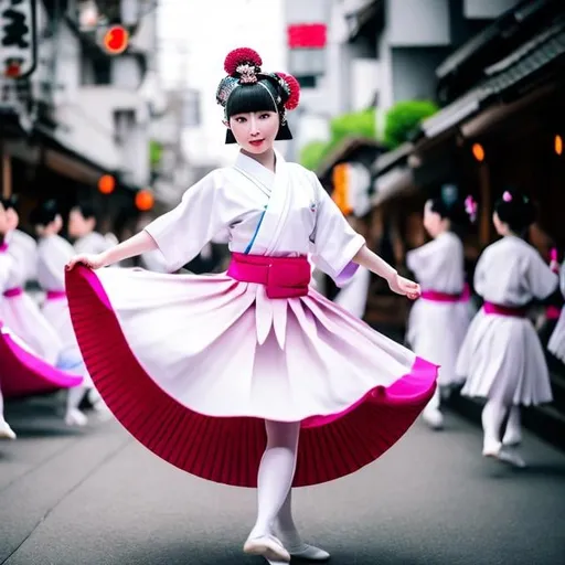 Prompt: ALEXANDRA GALLAGHER, Anne Anderson, Surreal, mysterious, strange, fantastical, fantasy, Sci-fi, Japanese anime, Alice, a beautiful blonde miniskirt kimono girl participating in the Awa Odori dance in Koenji, perfect body, the audience is very excited, fun, dynamic, detailed masterpiece 