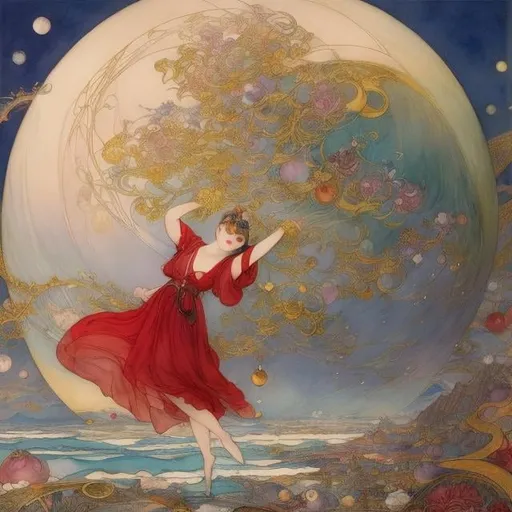 Prompt: Warwick Goble, Walter Crane, Barbara Cooney, Surreal, mysterious, bizarre, fantastical, fantasy, Sci-fi, Japanese anime, the miniskirt beautiful princess and the fairy tale thief, dyed in darkness, the optical and rolling functions of the sphere, the social history of the globe, the lovely yet melancholy sphere, hyper detailed masterpiece 