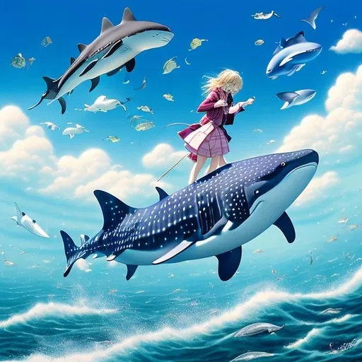 Prompt: Christian Riese Lassen, Katsuhiro Otomo, Margaret Tarrant, Surreal, mysterious, strange, fantastical, fantasy, Sci-fi, Japanese anime, whale shark swimming in the air, beautiful high school girl in a miniskirt riding a whale shark, blue sky, clouds, Tokyo Tower, bird's eye view, hyper detailed masterpiece high resolution definition quality, depth of field cinematic lighting 