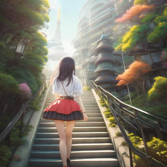 Prompt: Kenji tsuruta, Anne Anderson, Surreal, mysterious, strange, fantastical, fantasy, Sci-fi, Japanese anime, Tokyo landscape, Ammonite stairs, beautiful miniskirt high school girl perfect voluminous body, walking, aerial train, monkfish taxi, conch shell building, detailed masterpiece high resolution definition quality, depth of field cinematic lighting 