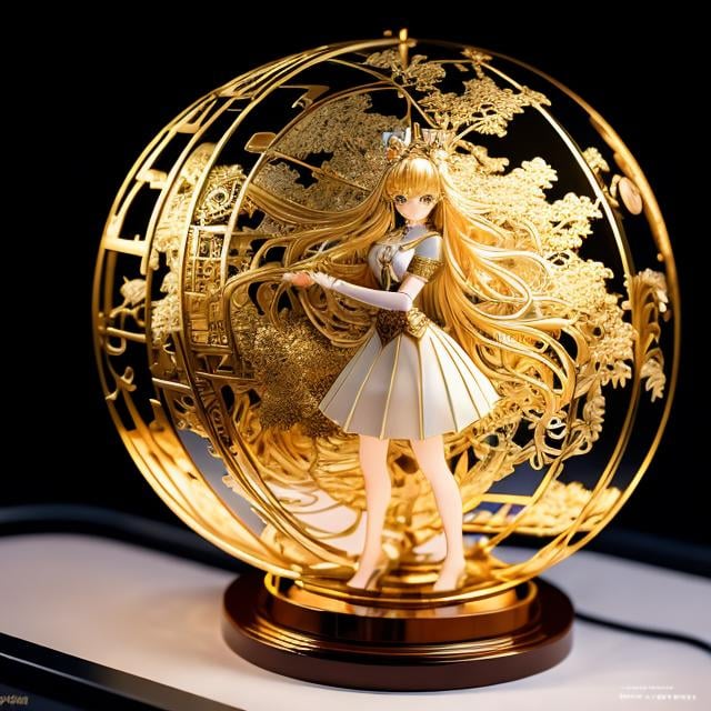 Prompt: Ivan Bilibin, Hajime Sorayama, Surreal, mysterious, strange, fantastical, fantasy, Sci-fi, Japanese anime, spherical pop-up card celestial globe, paper craft, beautiful blonde miniskirt girl who loves crafts, Alice, perfect voluminous body, detailed masterpiece 